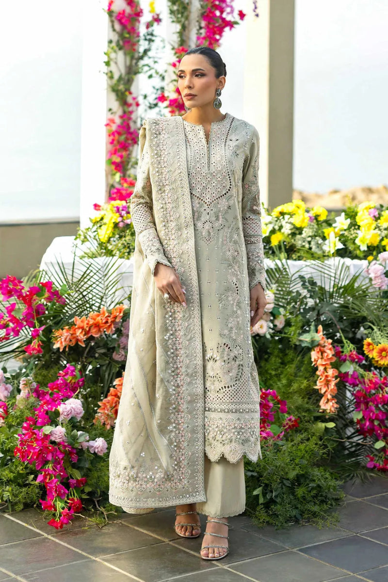 Light Sage 03-Piece Cotton Suit With Organza Dupatta -  Ready To Wear