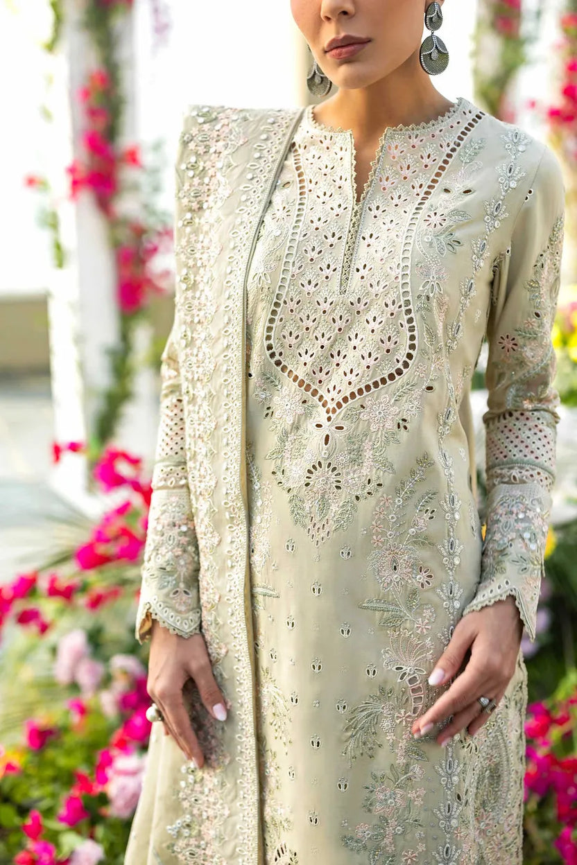 Light Sage 03-Piece Cotton Suit With Organza Dupatta -  Ready To Wear