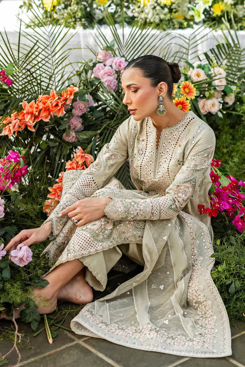 Light Sage 03-Piece Cotton Suit With Organza Dupatta -  Ready To Wear