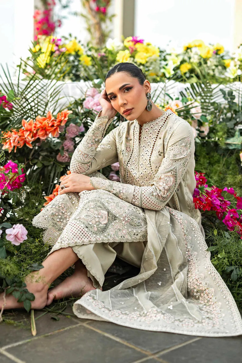 Light Sage 03-Piece Cotton Suit With Organza Dupatta -  Ready To Wear