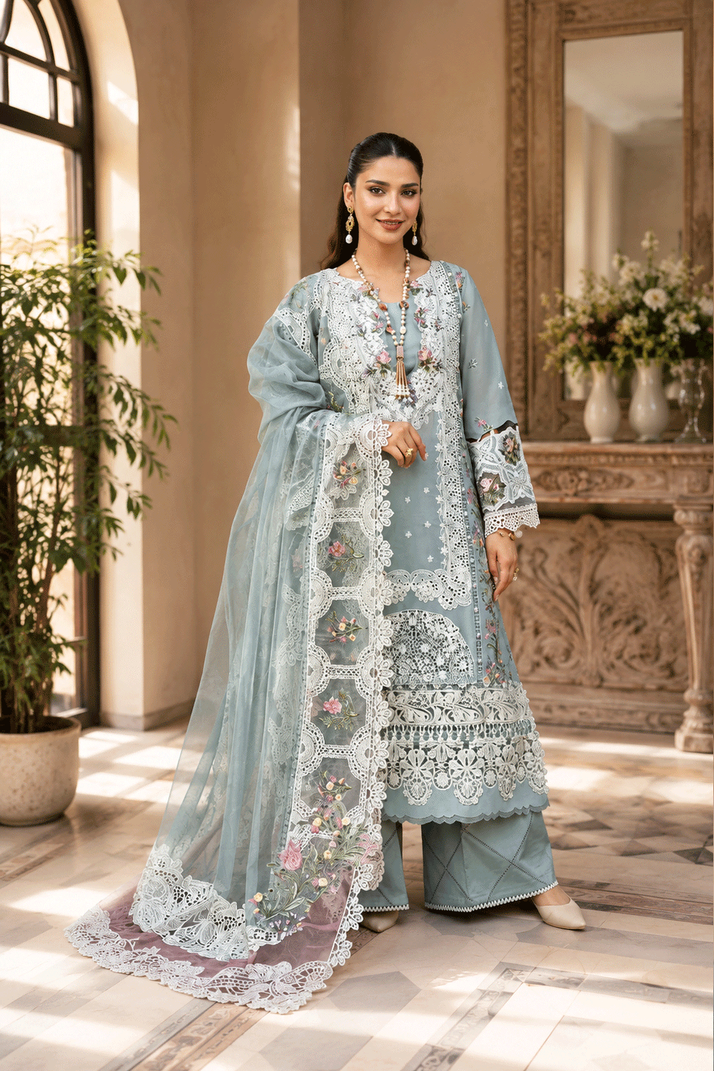 03-Piece Embroidered Cotton Suit With Net Dupatta | Ready To Wear