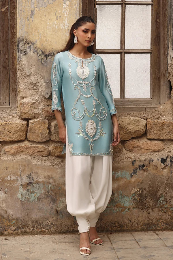 03-Piece Raw Silk Short Kurti Suit With Heavy Embroidery - Ready To Wear