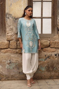 03-Piece Raw Silk Short Kurti Suit With Heavy Embroidery - Ready To Wear