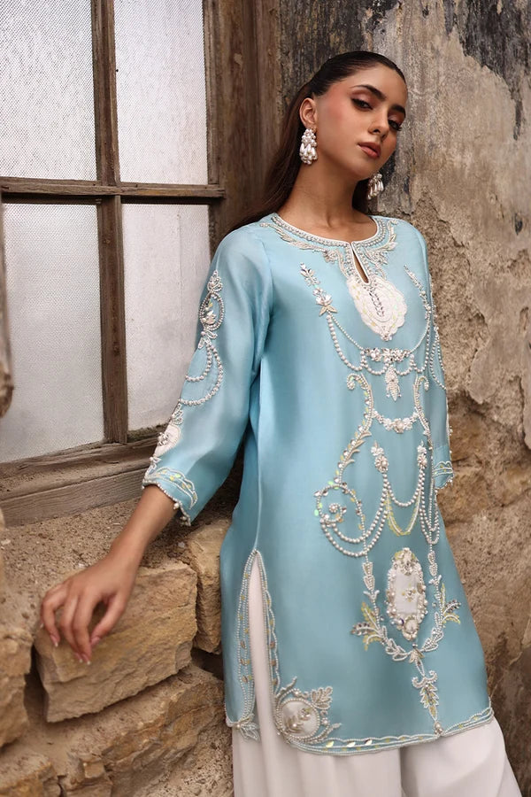 03-Piece Raw Silk Short Kurti Suit With Heavy Embroidery - Ready To Wear