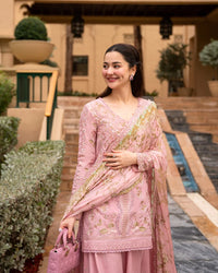 Blush Pink Sharara - 03-Piece Lawn Shirt With Silk Dupatta | Ready To Wear