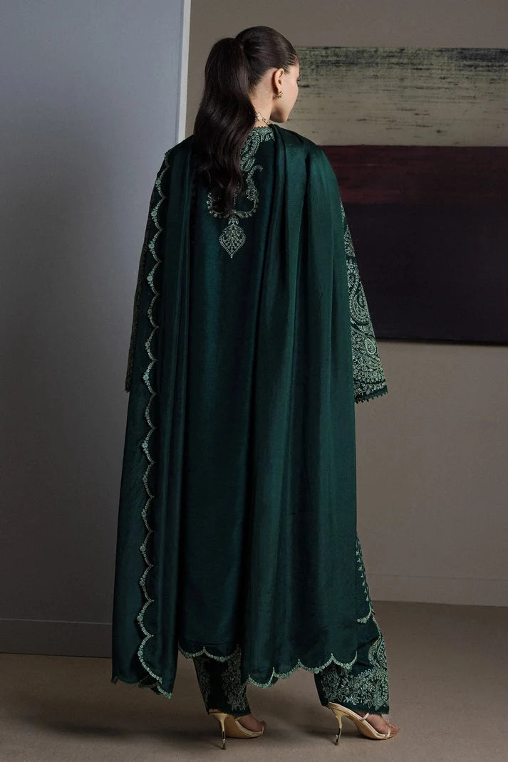 Forest Green & Mint Accent: Embroidered Cotton Suit - Ready To Wear