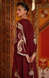 Deep Maroon & Gold Accent  Charmoush Embroidered Silk Kaftan - Ready To Wear