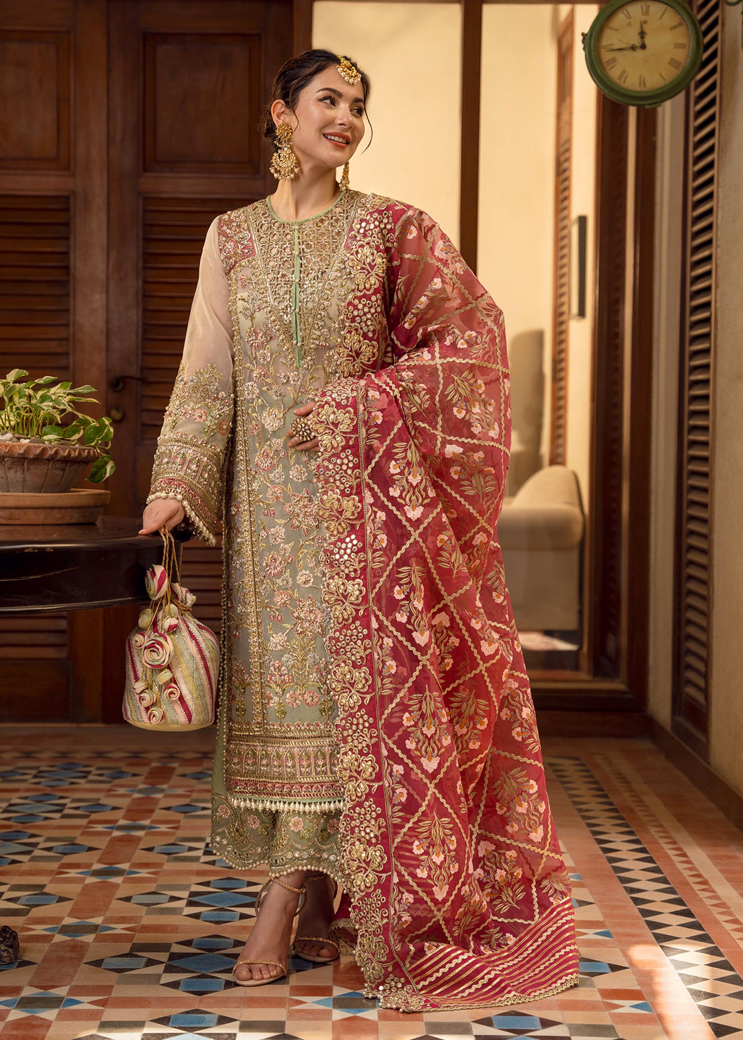 Pistachio & Crimson - 3 Piece Heavy Embroidered Suit | Ready To Wear