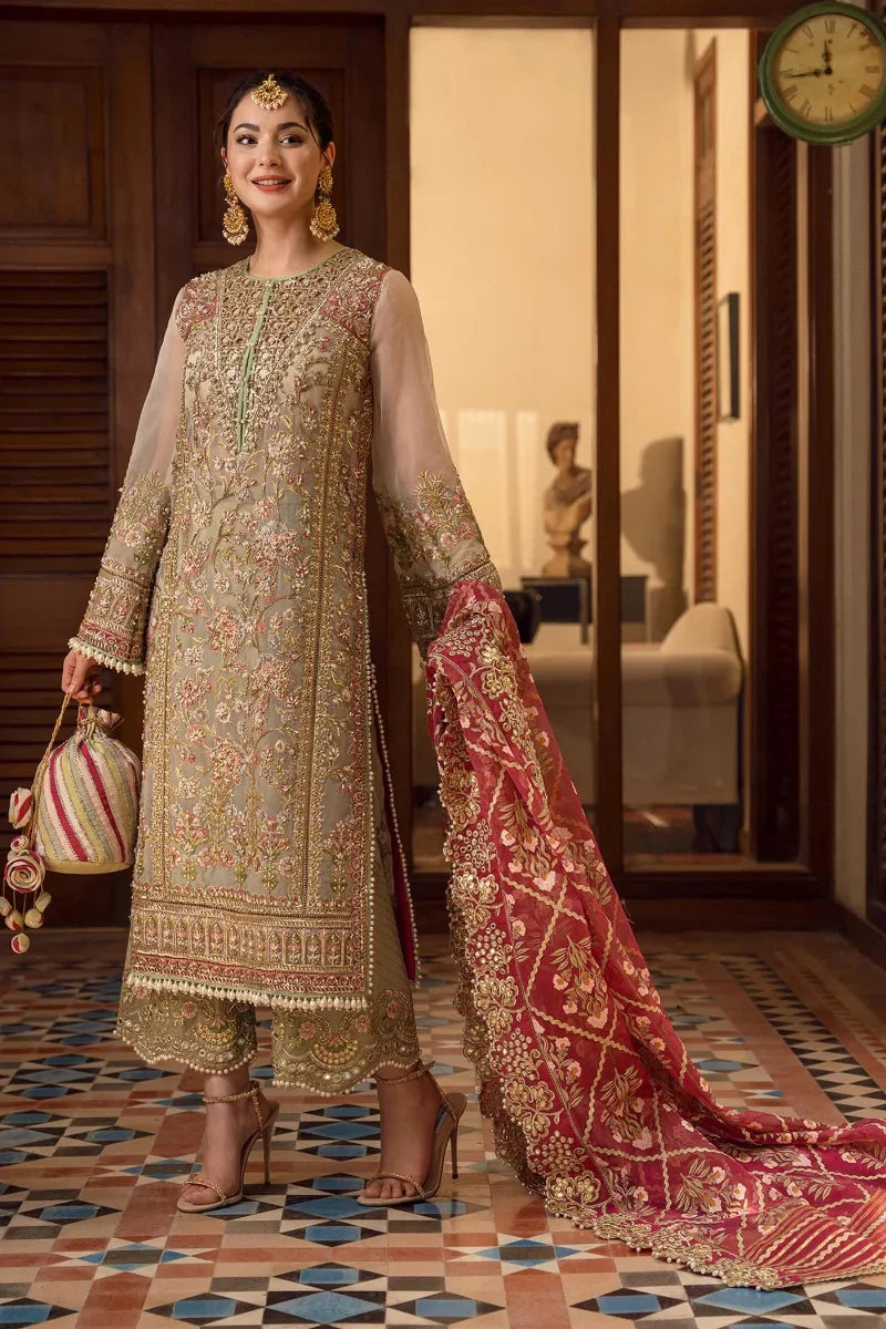 Pistachio & Crimson - 3 Piece Heavy Embroidered Suit | Ready To Wear