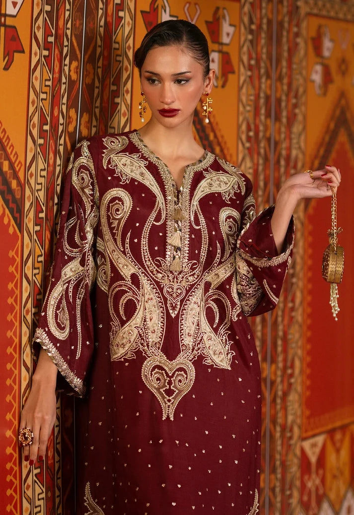 Deep Maroon & Gold Accent  Charmoush Embroidered Silk Kaftan - Ready To Wear
