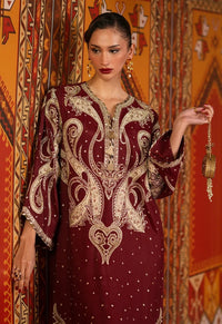 Deep Maroon & Gold Accent  Charmoush Embroidered Silk Kaftan - Ready To Wear