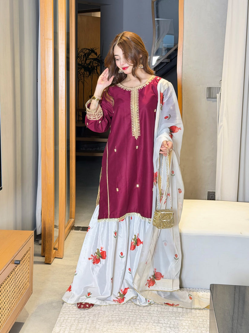 Zara Silk 3 Piece Suit with Silk Dupatta-  Ready To Wear
