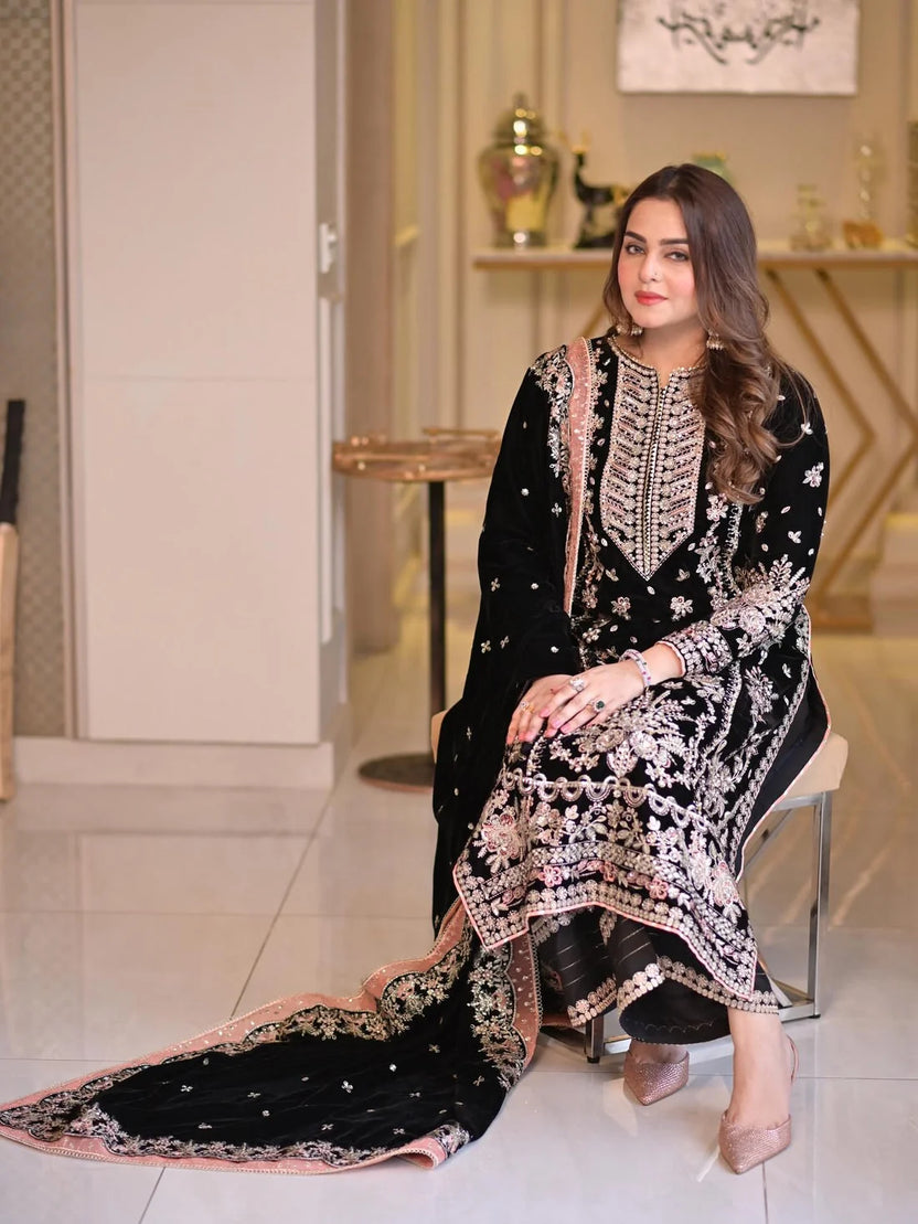 Noir Black & Silver Accent : Heavy Embroidered Velvet Suit With Chiffon Dupatta - Ready To Wear