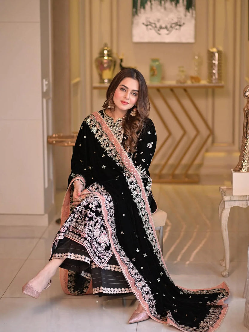 Noir Black & Silver Accent : Heavy Embroidered Velvet Suit With Chiffon Dupatta - Ready To Wear