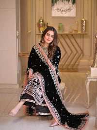 Noir Black & Silver Accent : Heavy Embroidered Velvet Suit With Chiffon Dupatta - Ready To Wear