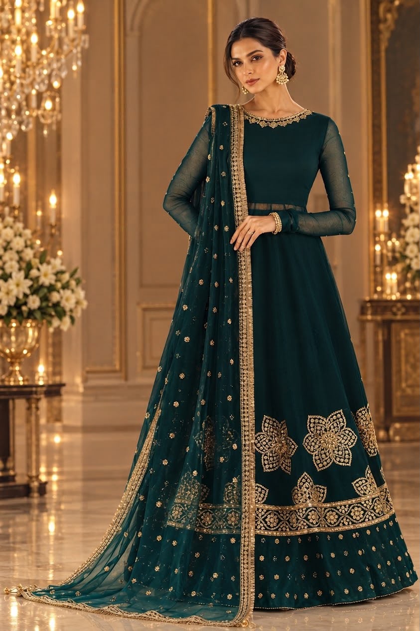 Emerald Gold Anarkali Heavy  Embroidered 03 Piece  Suit- Ready To Wear