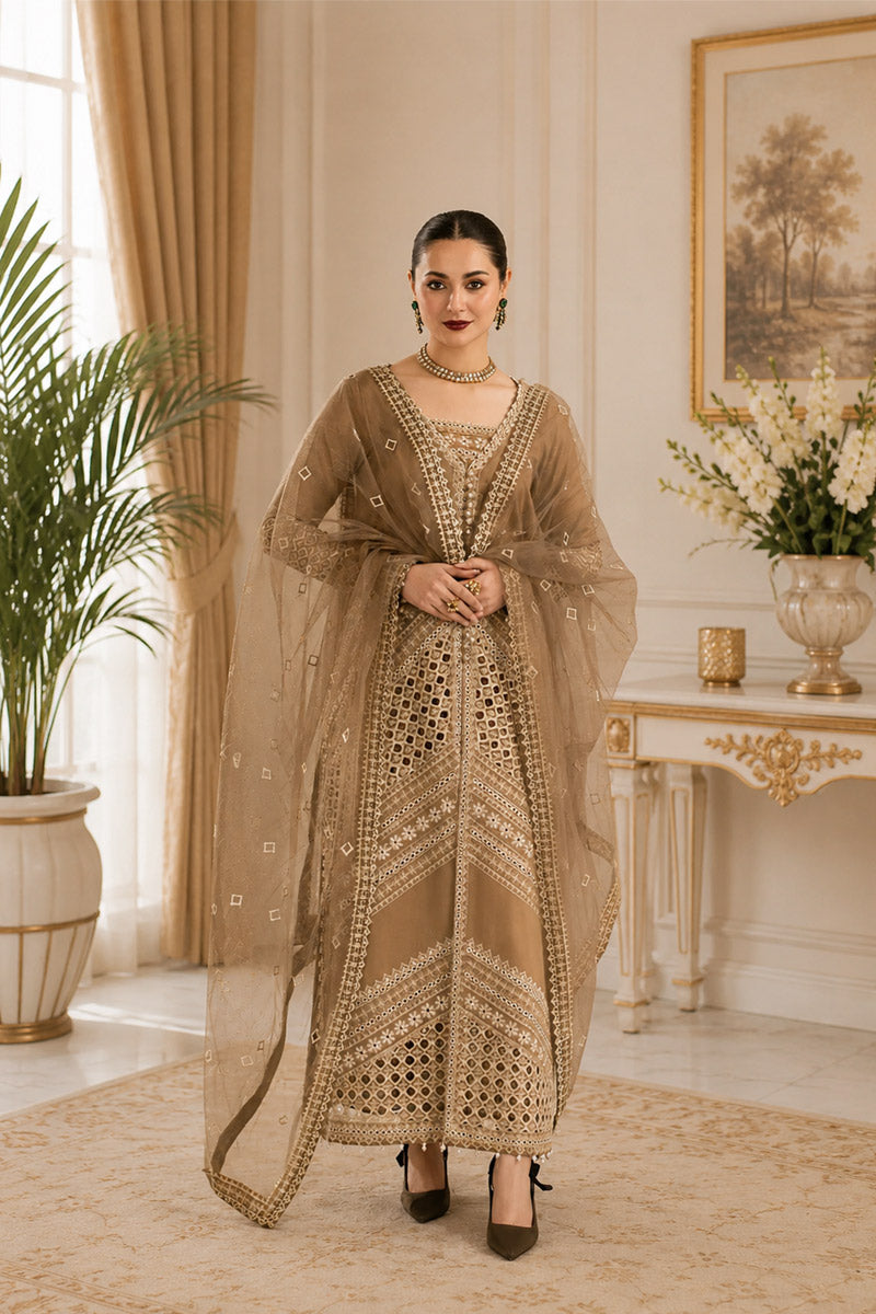 Mocha Brown: Heavy Embroidered Cotton Suit With Net Dupatta - Ready To Wear