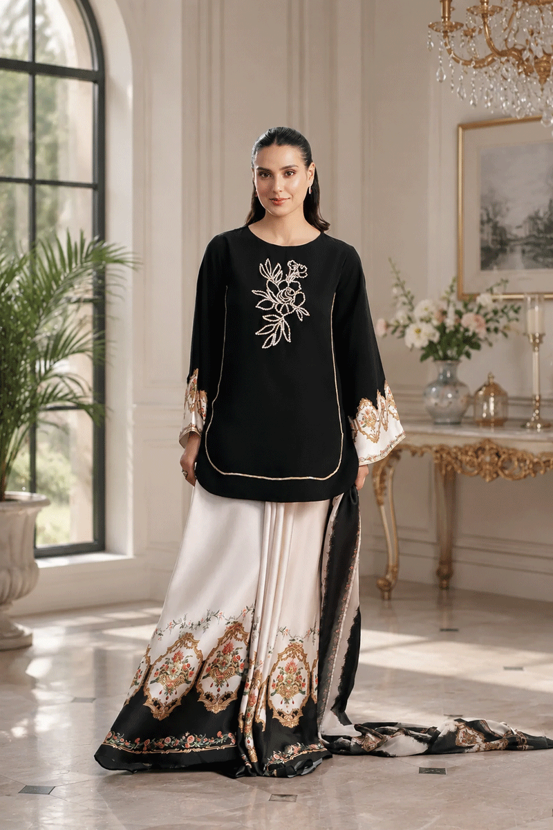 Black Pearl & Cream: Floral Silk Suit - Ready To Wear
