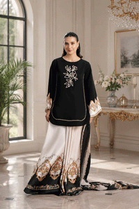 Black Pearl & Cream: Floral Silk Suit - Ready To Wear