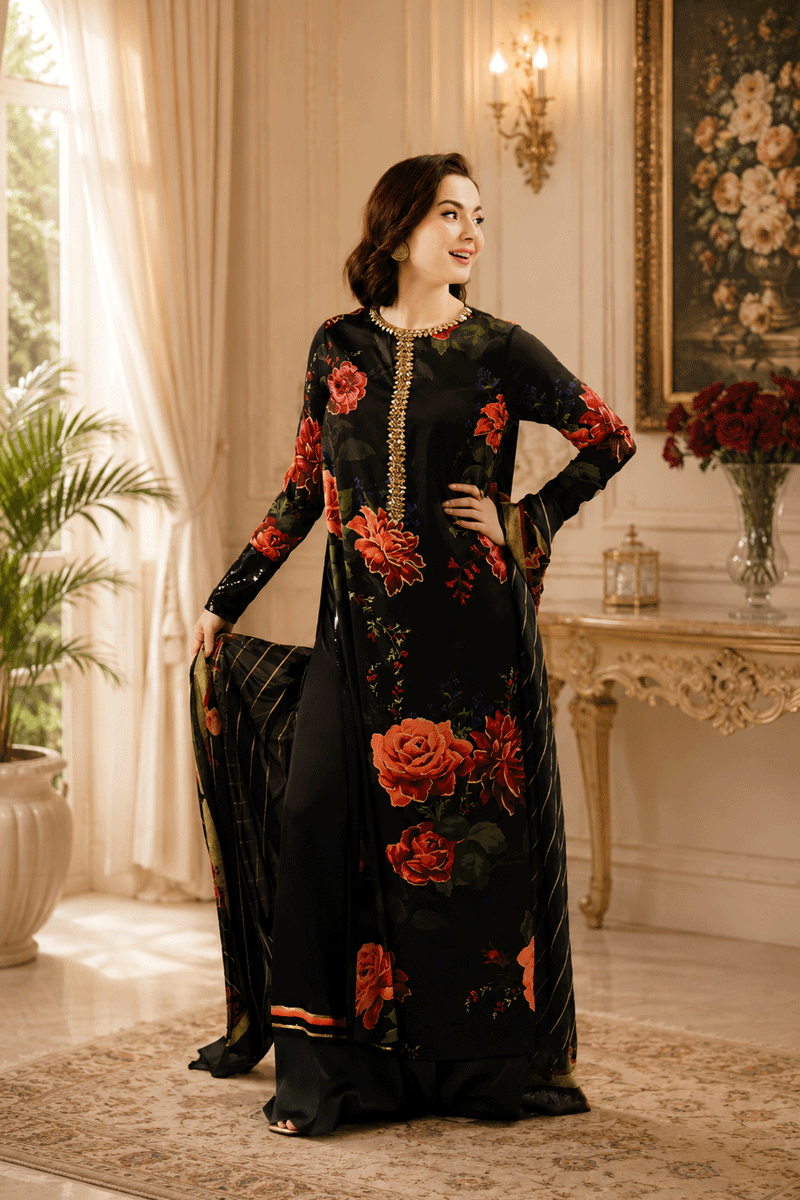 03-Piece Embroidered Shamoz Silk Suit - Ready To Wear