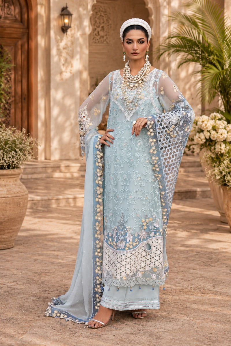 Powder Blue & Ivory Accent: Embroidered Chiffon Suit -  Ready To Wear