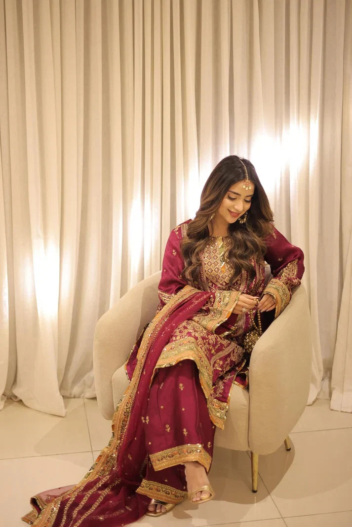 03-Piece Embroidered Silk Suit With Net Dupatta | Ready To Wear