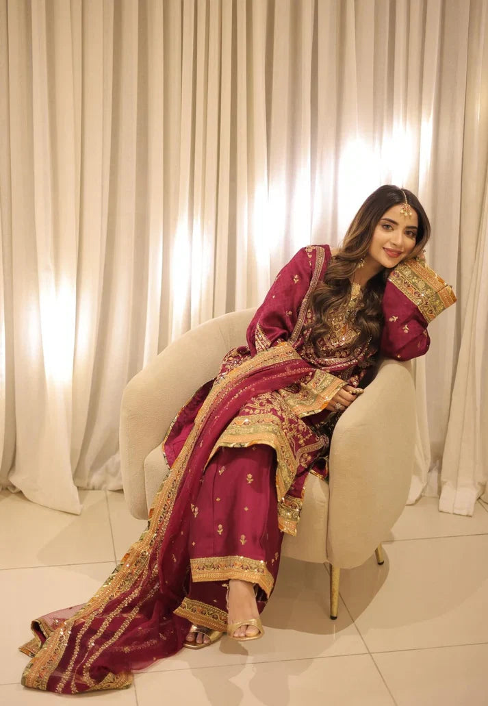 03-Piece Embroidered Silk Suit With Net Dupatta | Ready To Wear