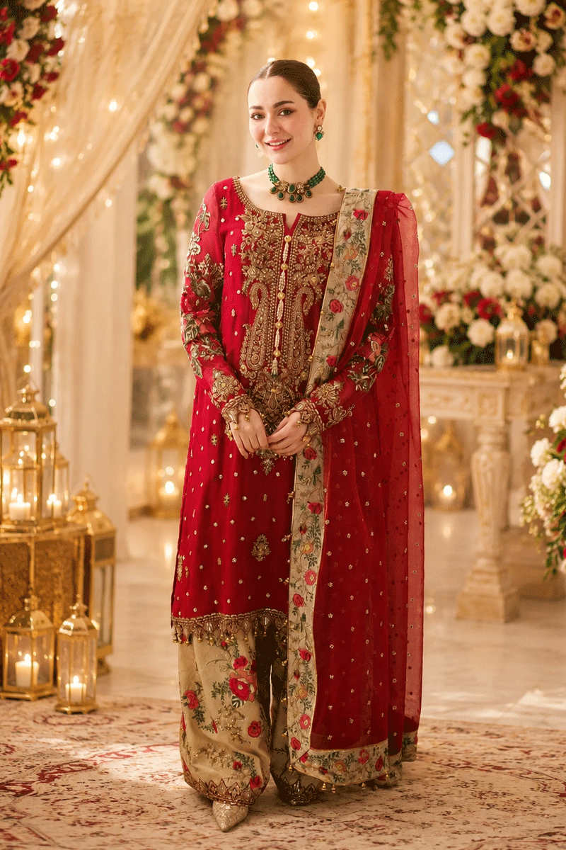 Bridal Red: Embroidered Chiffon Suit With Organza Dupatta -  Ready To Wear
