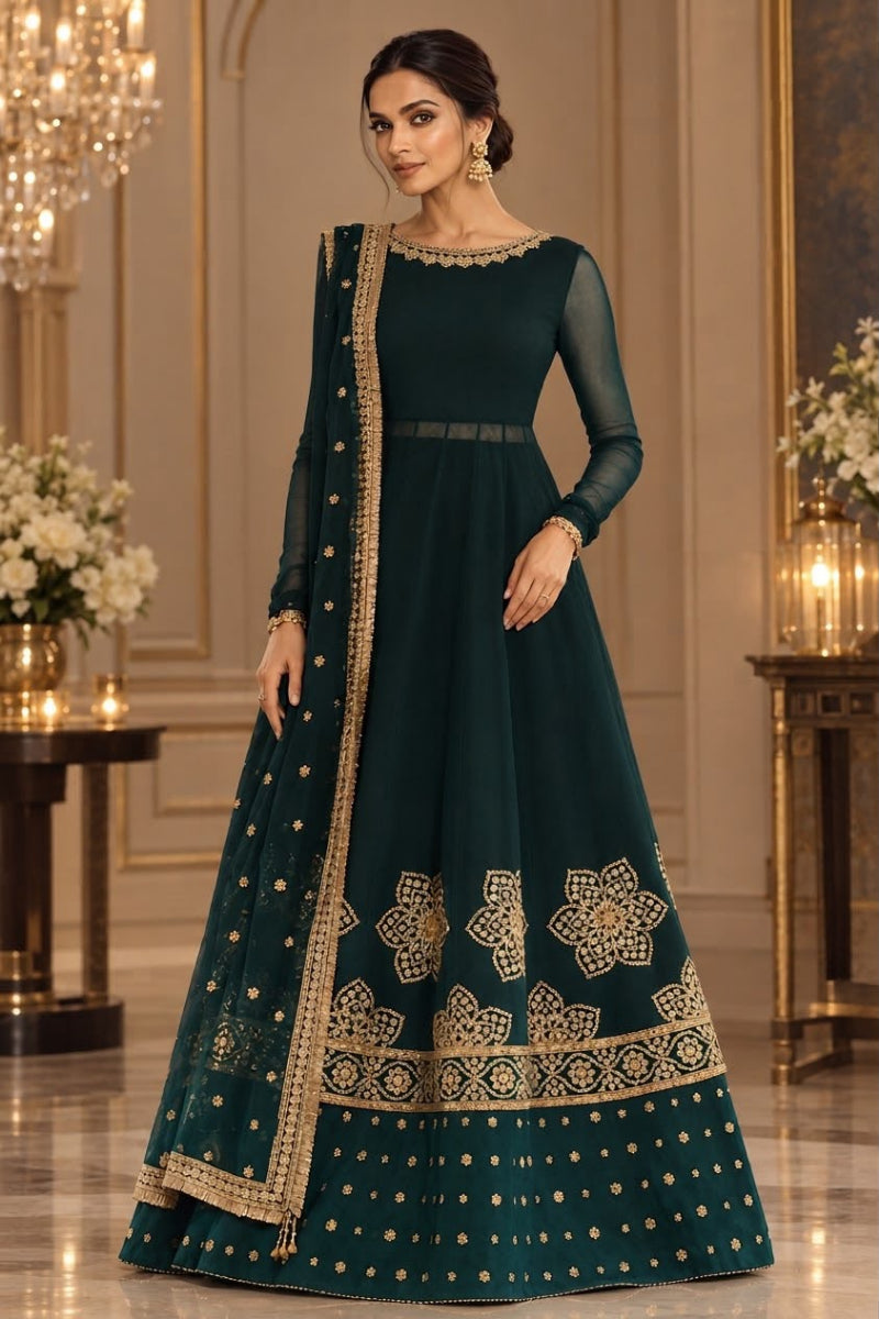 Emerald Gold Anarkali Heavy  Embroidered 03 Piece  Suit- Ready To Wear