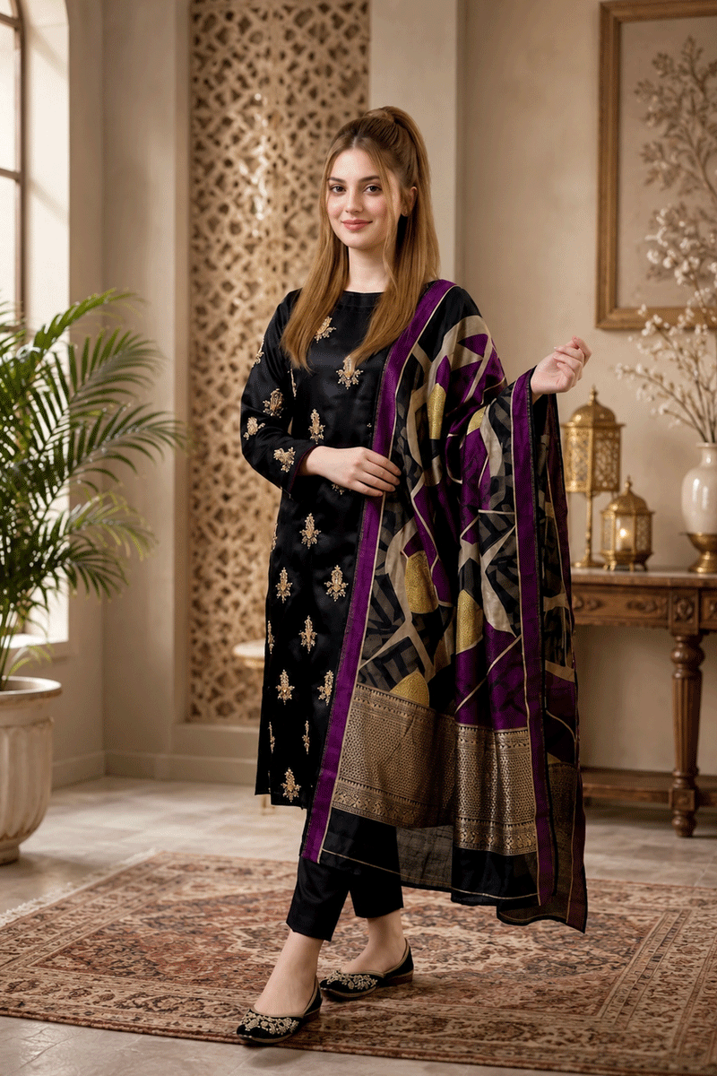 03-Piece Shamoze Silk Suit With Pearls & Beads Handwork - Ready To Wear