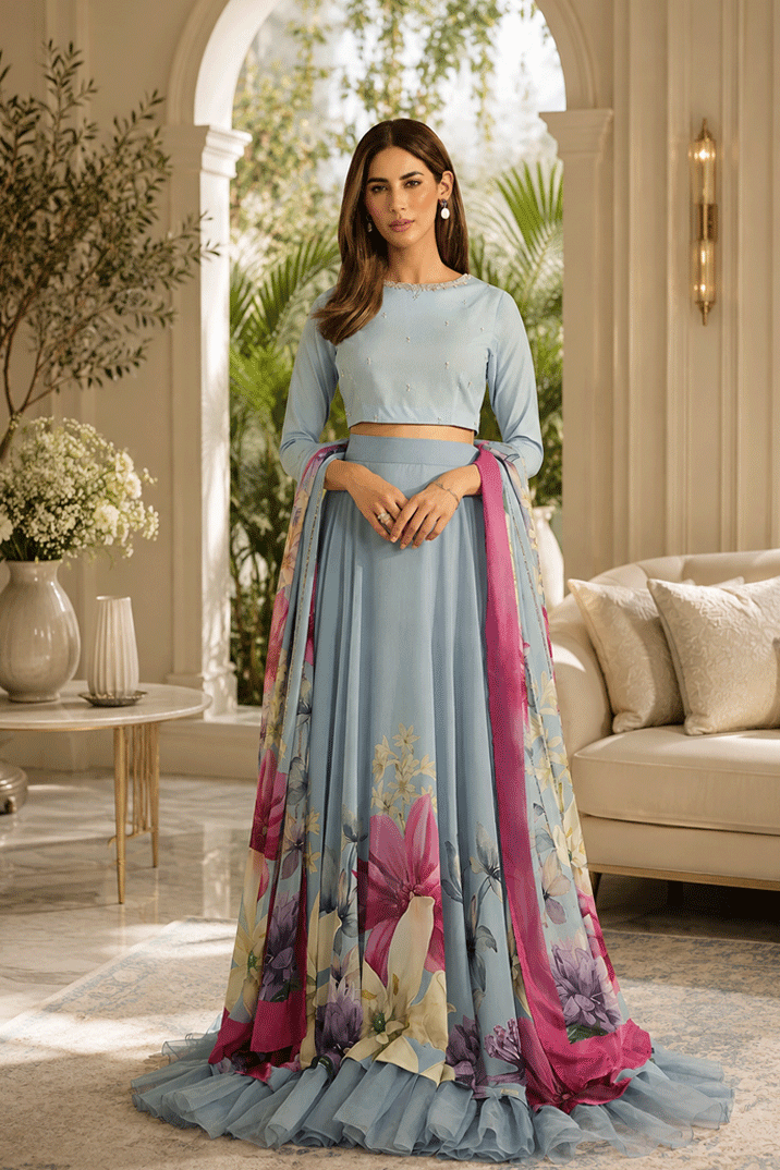 Sky Blue With Floral Printed Silk Crop Top & Skirt | Ready To Wear