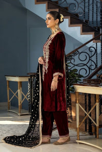 Royal Maroon & Black: Embroidered Velvet 03 Peace Suit -  Ready To Wear