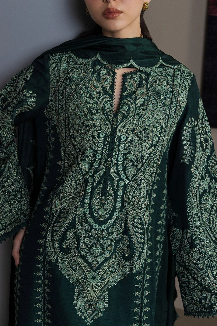Forest Green & Mint Accent: Embroidered Cotton Suit - Ready To Wear