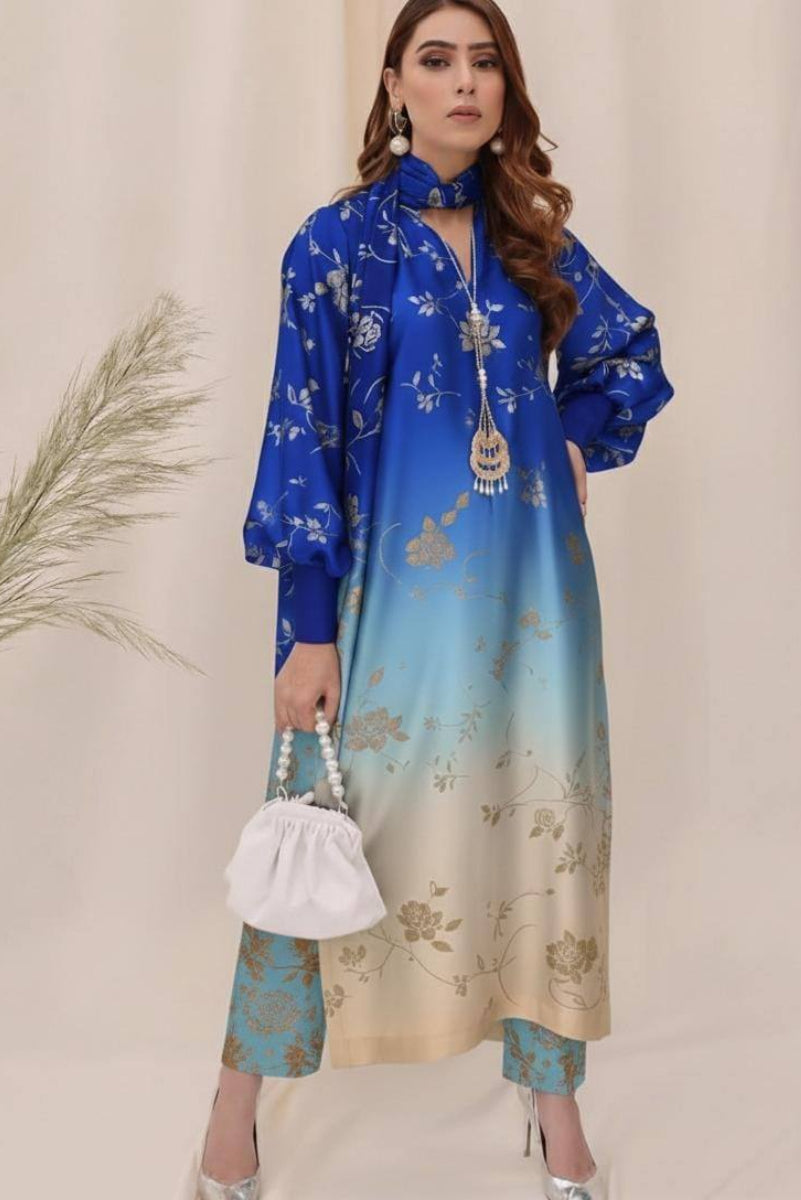 03-Piece Floral Printed Silk Suit | Ready To Wear