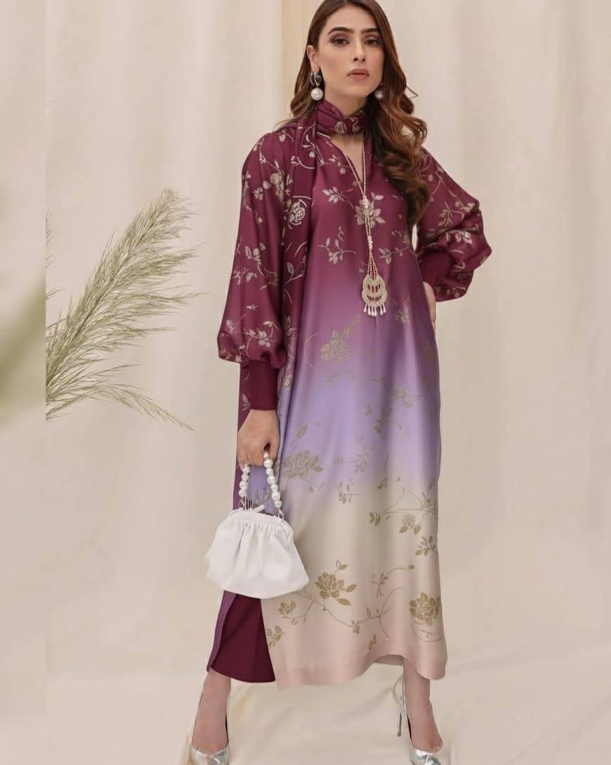 03-Piece Floral Printed Silk Suit | Ready To Wear
