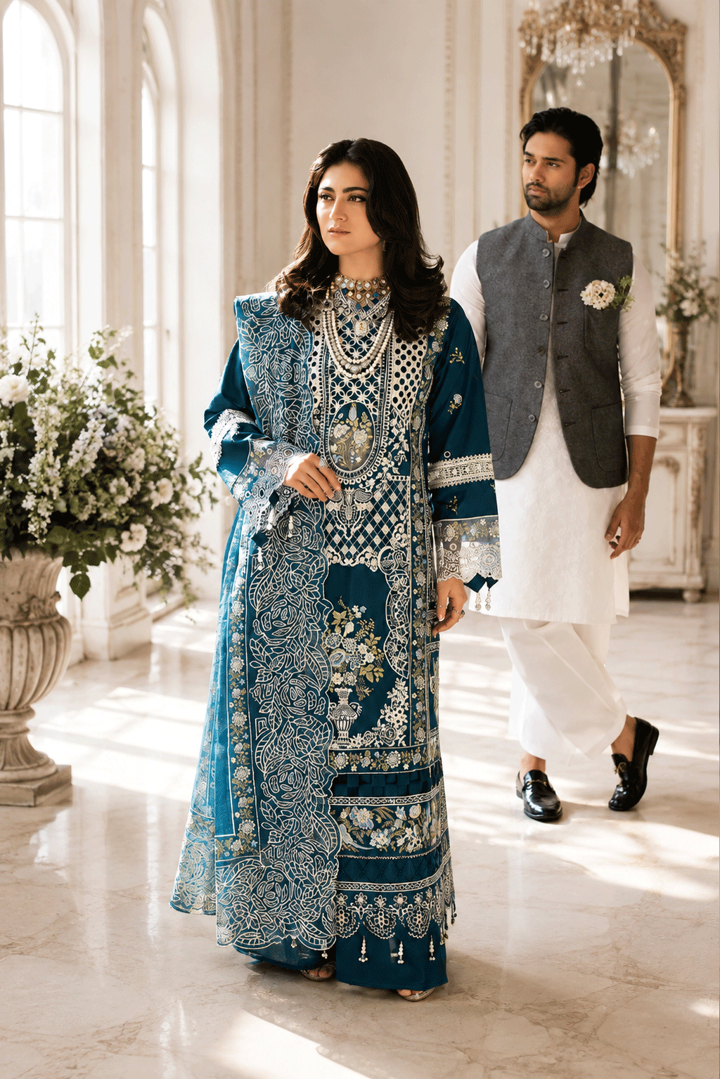 03-Piece Embroiedred Cotton Suit With Net Dupatta - Ready To Wear