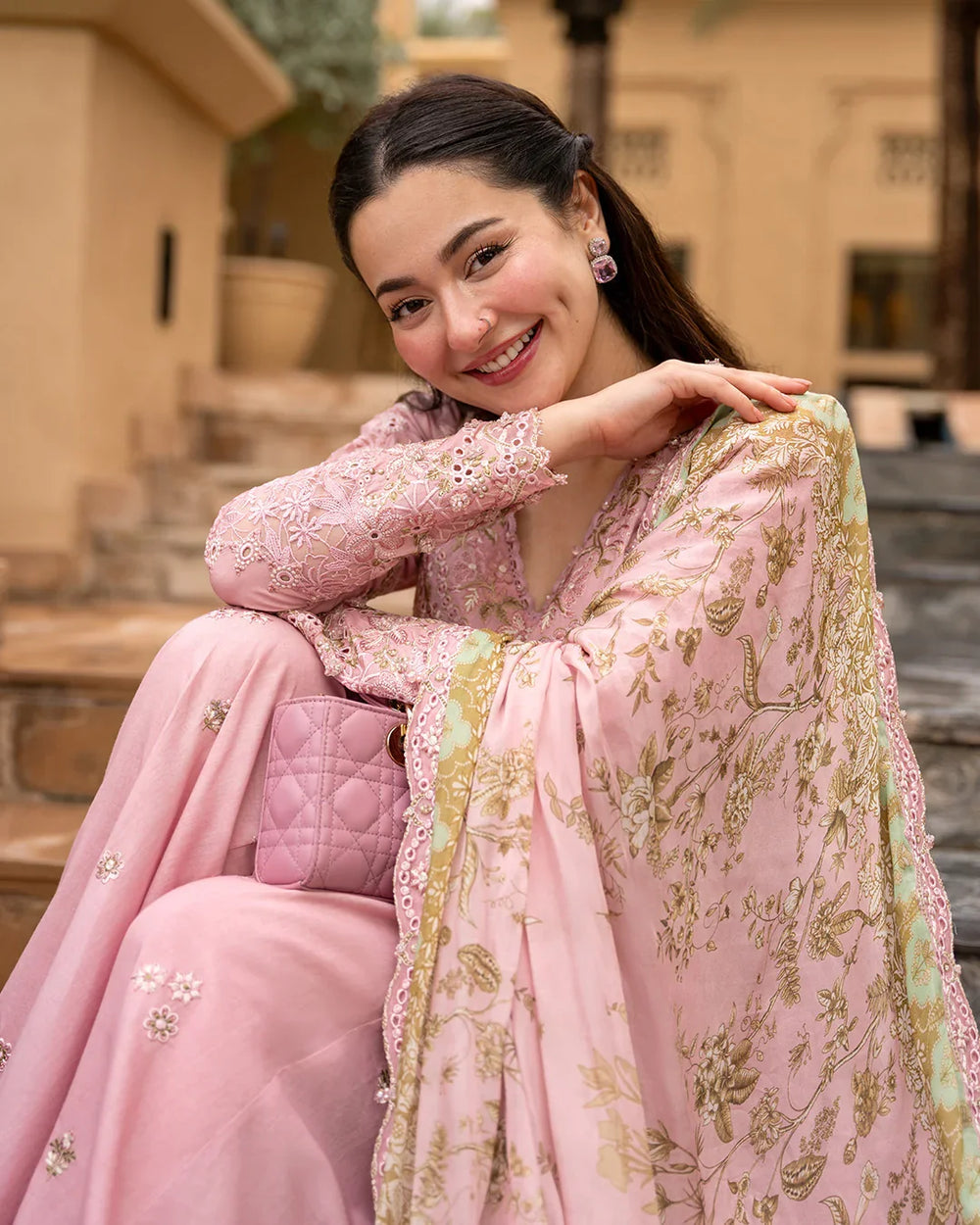Blush Pink Sharara - 03-Piece Lawn Shirt With Silk Dupatta | Ready To Wear