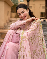 Blush Pink Sharara - 03-Piece Lawn Shirt With Silk Dupatta | Ready To Wear