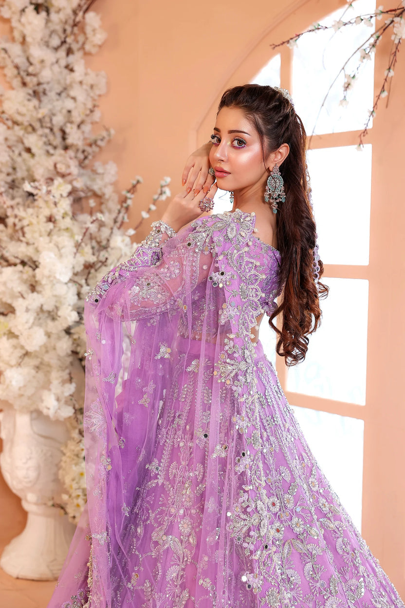 Pastel Lilac & Sparkling Silver: Embroidered Net Bridal Lenge Choli - Ready To Wear
