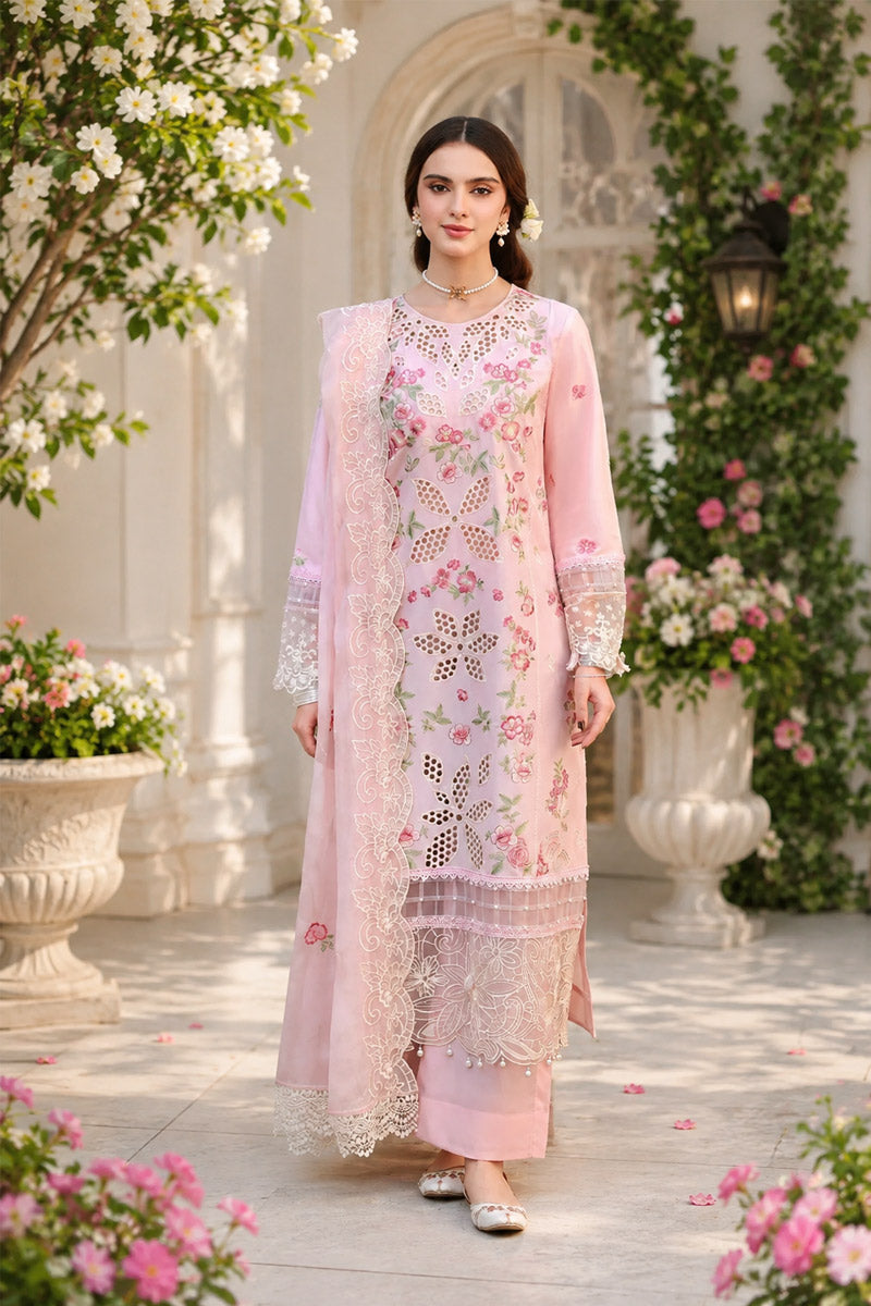 Pink Petal: Emrboidered Cotton Suit With Organza Dupatta | Ready To Wear