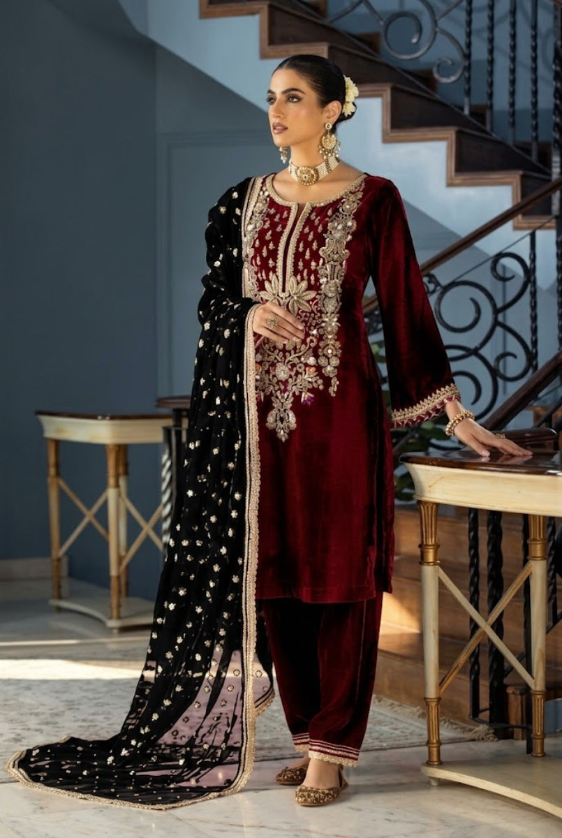 Royal Maroon & Black: Embroidered Velvet 03 Peace Suit -  Ready To Wear