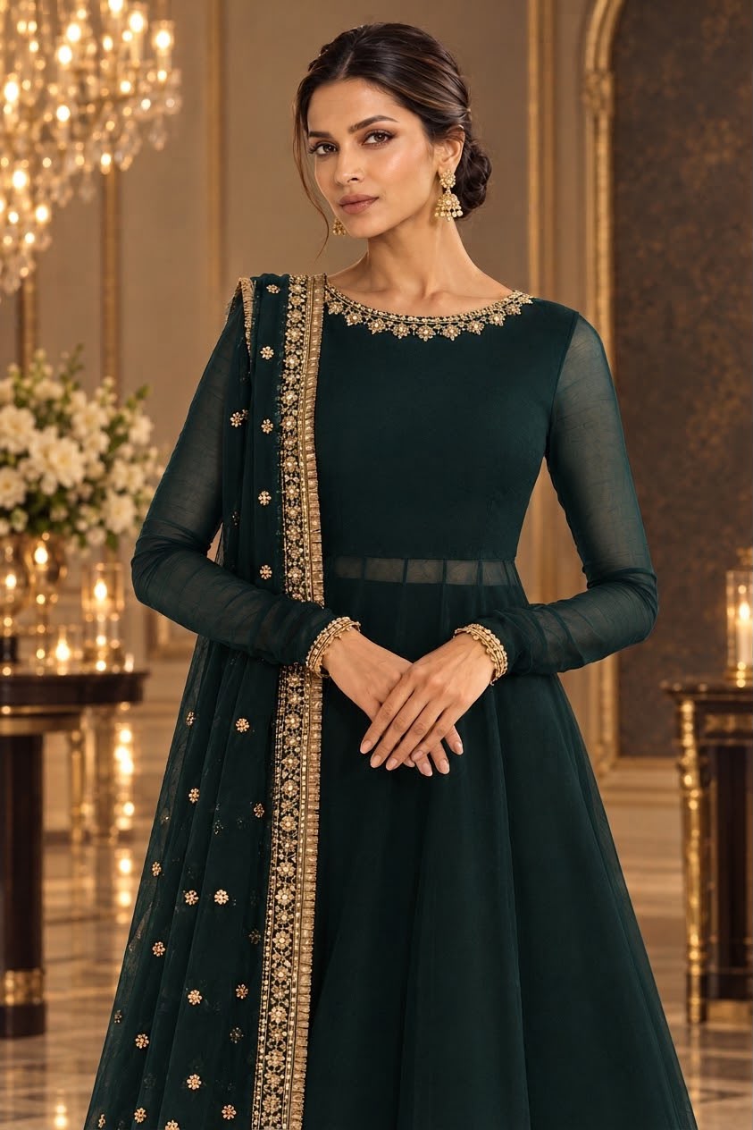Emerald Gold Anarkali Heavy  Embroidered 03 Piece  Suit- Ready To Wear
