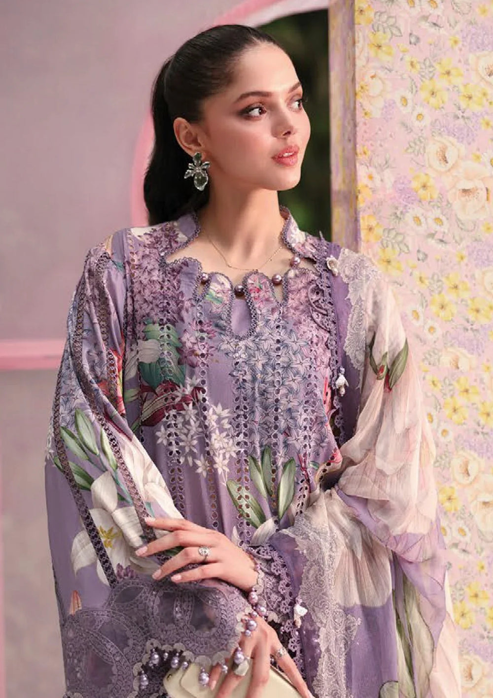 03-Piece Embroidered Printed Lawn Suit With Chiffon Dupatta | Ready To Wear