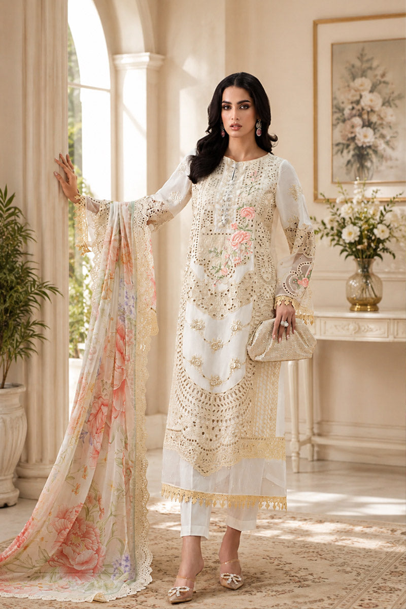 The Pastel Blossom Schiffli & Floral Embroidered Cotton 3 Peace  Suit - Ready To Wear