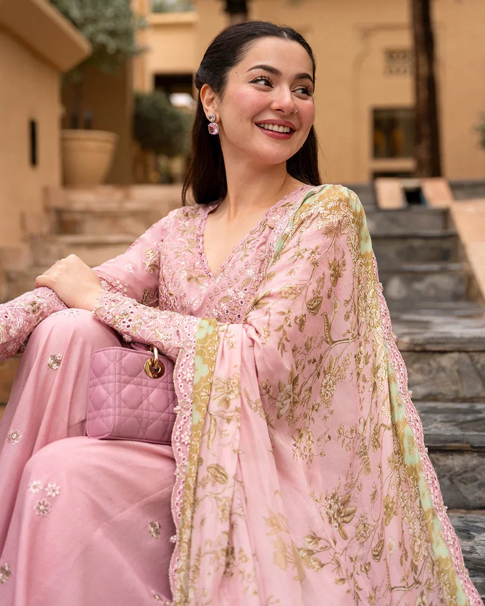 Blush Pink Sharara - 03-Piece Lawn Shirt With Silk Dupatta | Ready To Wear
