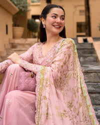 Blush Pink Sharara - 03-Piece Lawn Shirt With Silk Dupatta | Ready To Wear