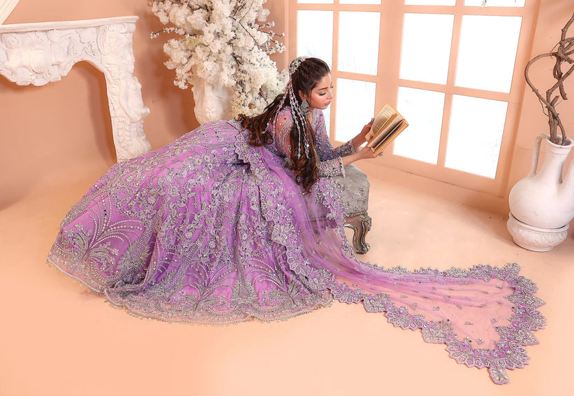 Pastel Lilac & Sparkling Silver: Embroidered Net Bridal Lenge Choli - Ready To Wear