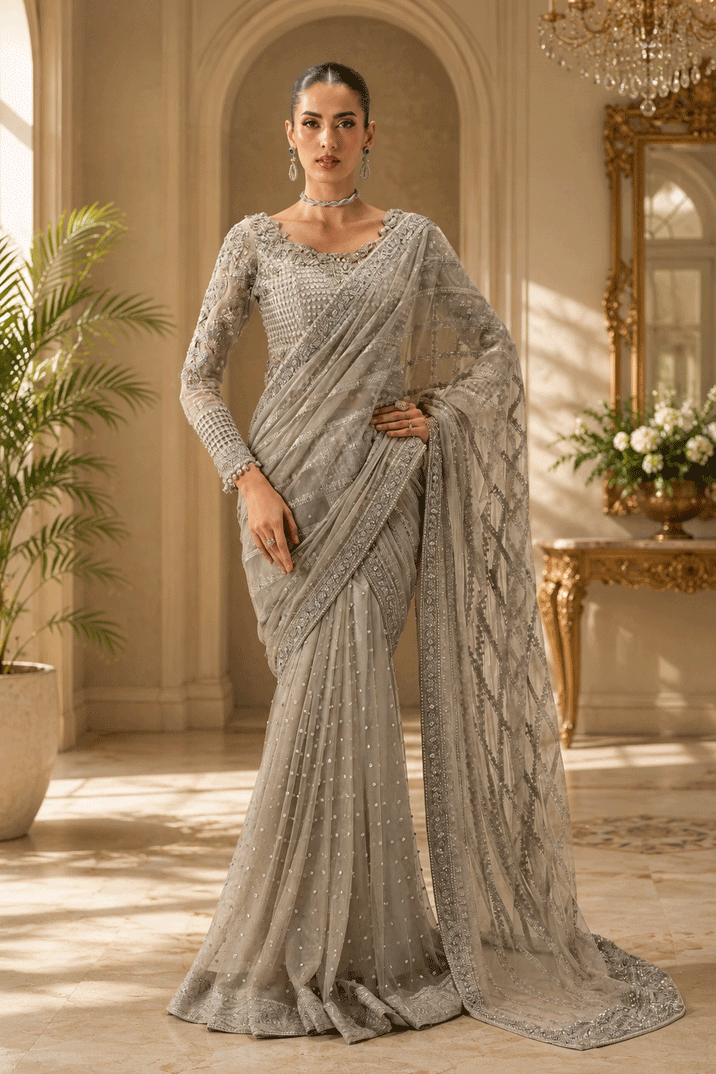 03-Piece Heavy Embroidered Chiffon Saree  -  Ready To Wear