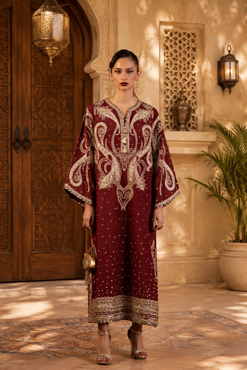 Deep Maroon & Gold Accent  Charmoush Embroidered Silk Kaftan - Ready To Wear