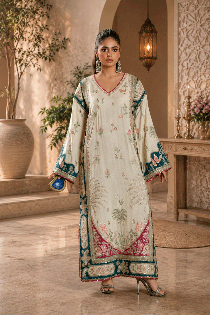 Ivory Oasis: 03 -Piece Botanical Embroidered Silk Kaftan  -  Ready To Wear